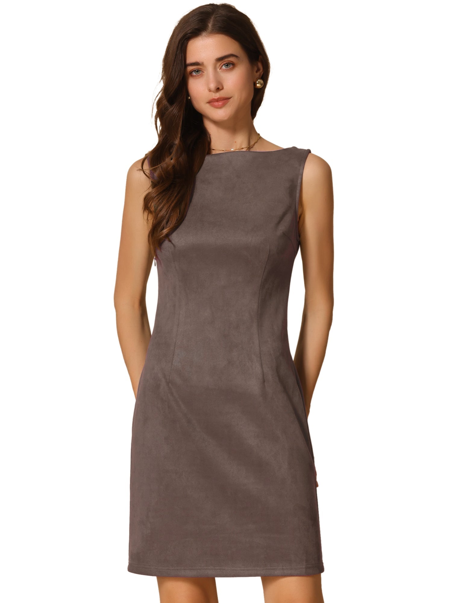 Faux Suede Boat Neck Sleeveless Sheath Midi Dress