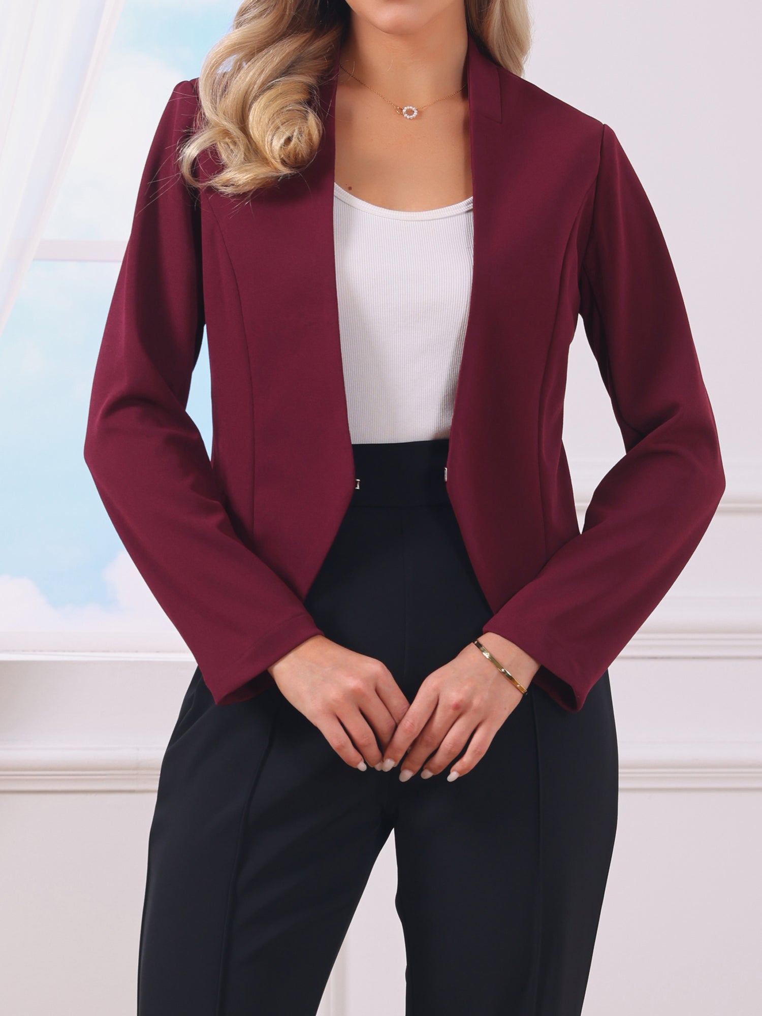 Collarless Solid Color Cropped Office Blazer Jacket