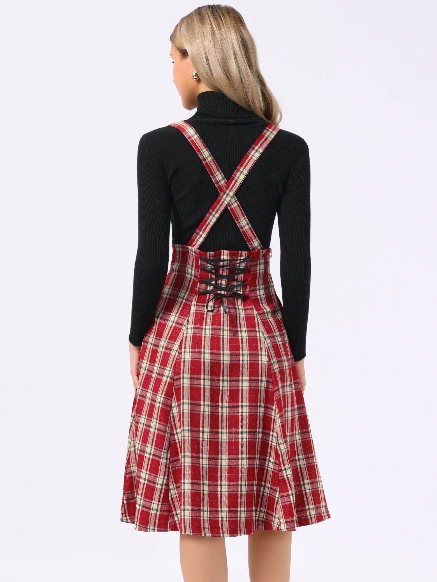 Plaid Overall Tartan Pinafore Suspender Midi Skirt