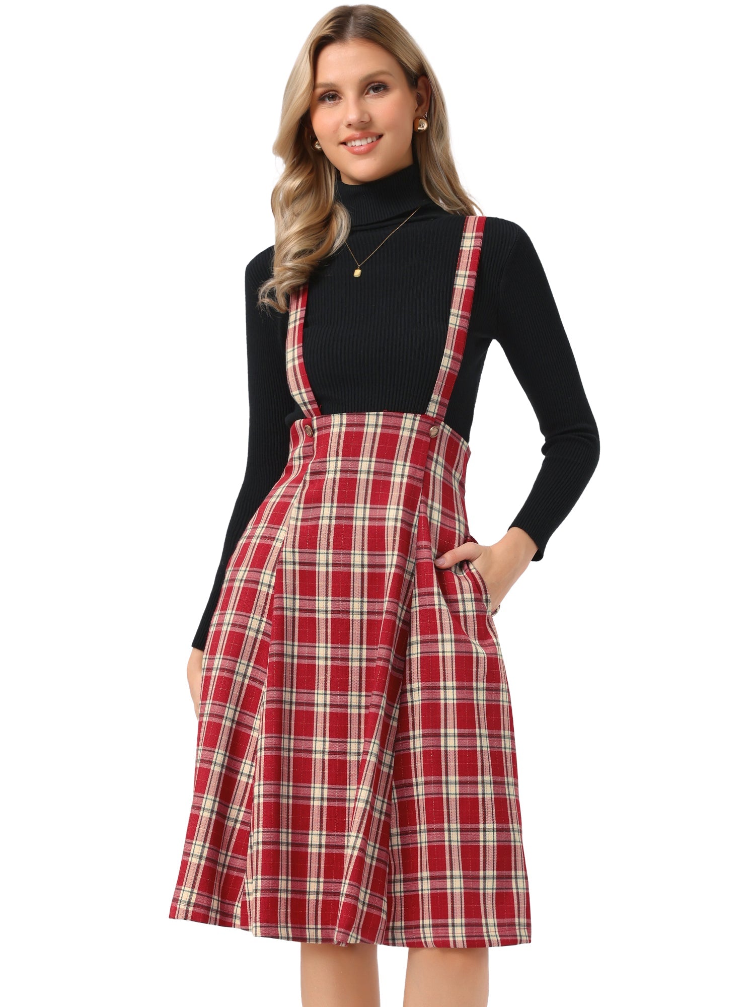 Plaid Overall Tartan Pinafore Suspender Midi Skirt
