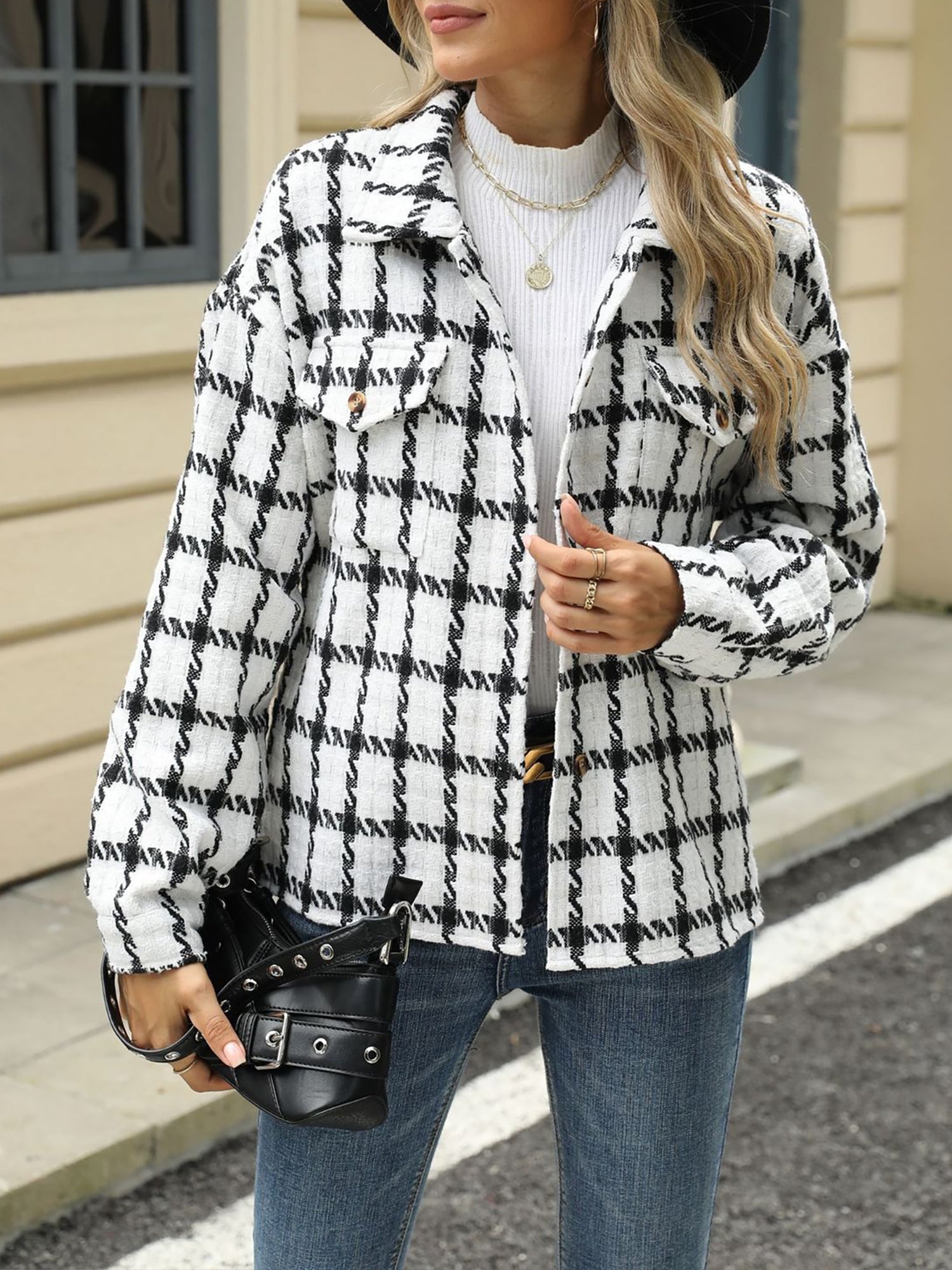 Lapel Plaid Long Sleeves Loose Fit Jacket