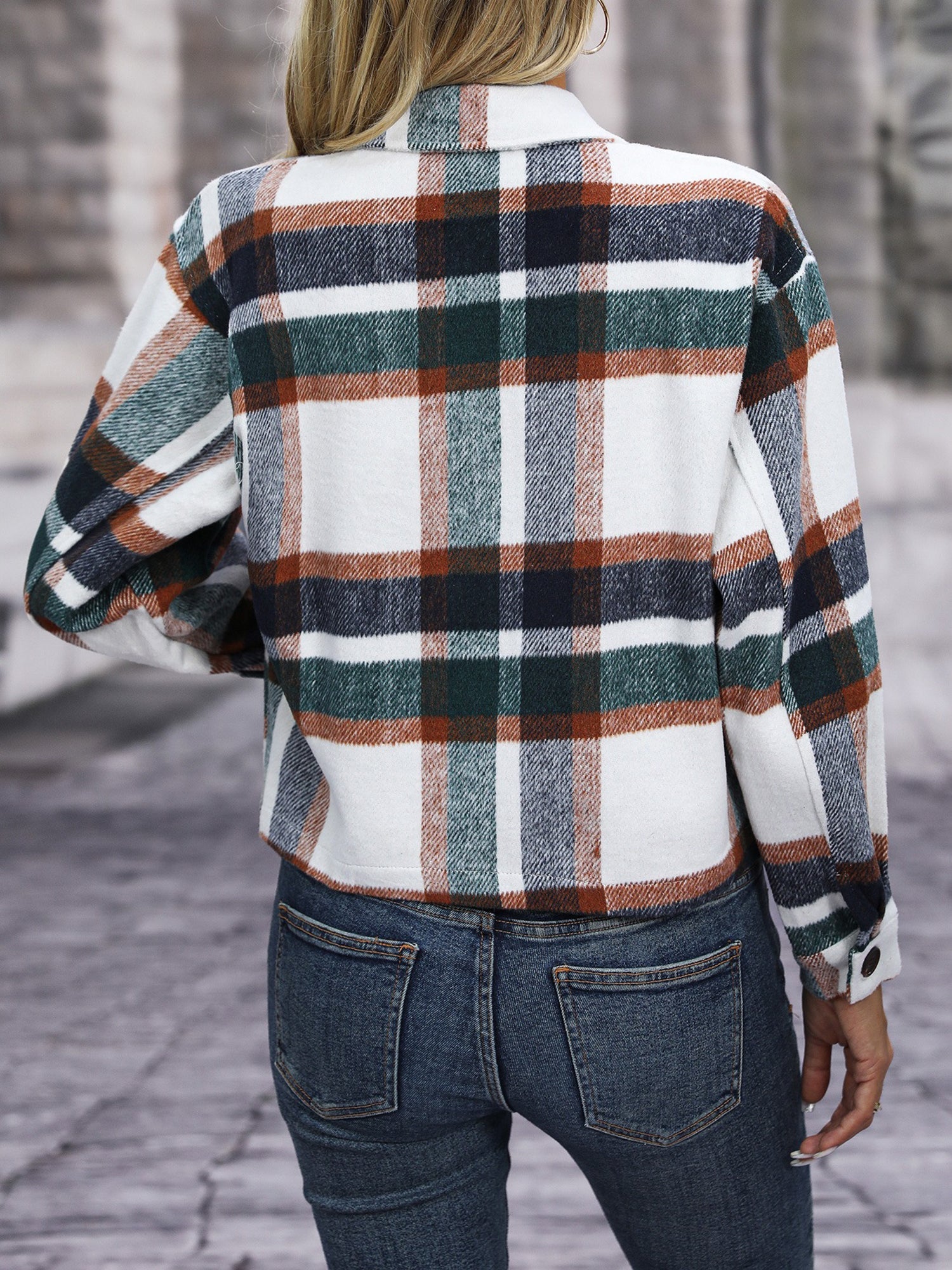 Lapel Long Sleeves Plaid Cropped Jacket