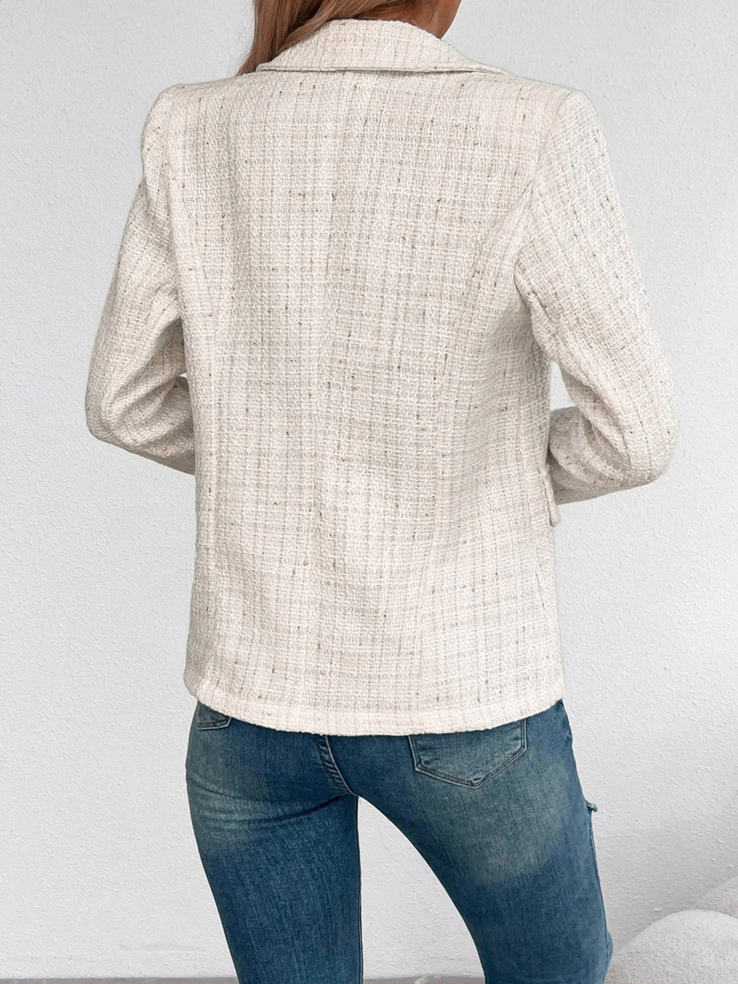 Tweed Notched Lapel Long Sleeves Plaid Blazer