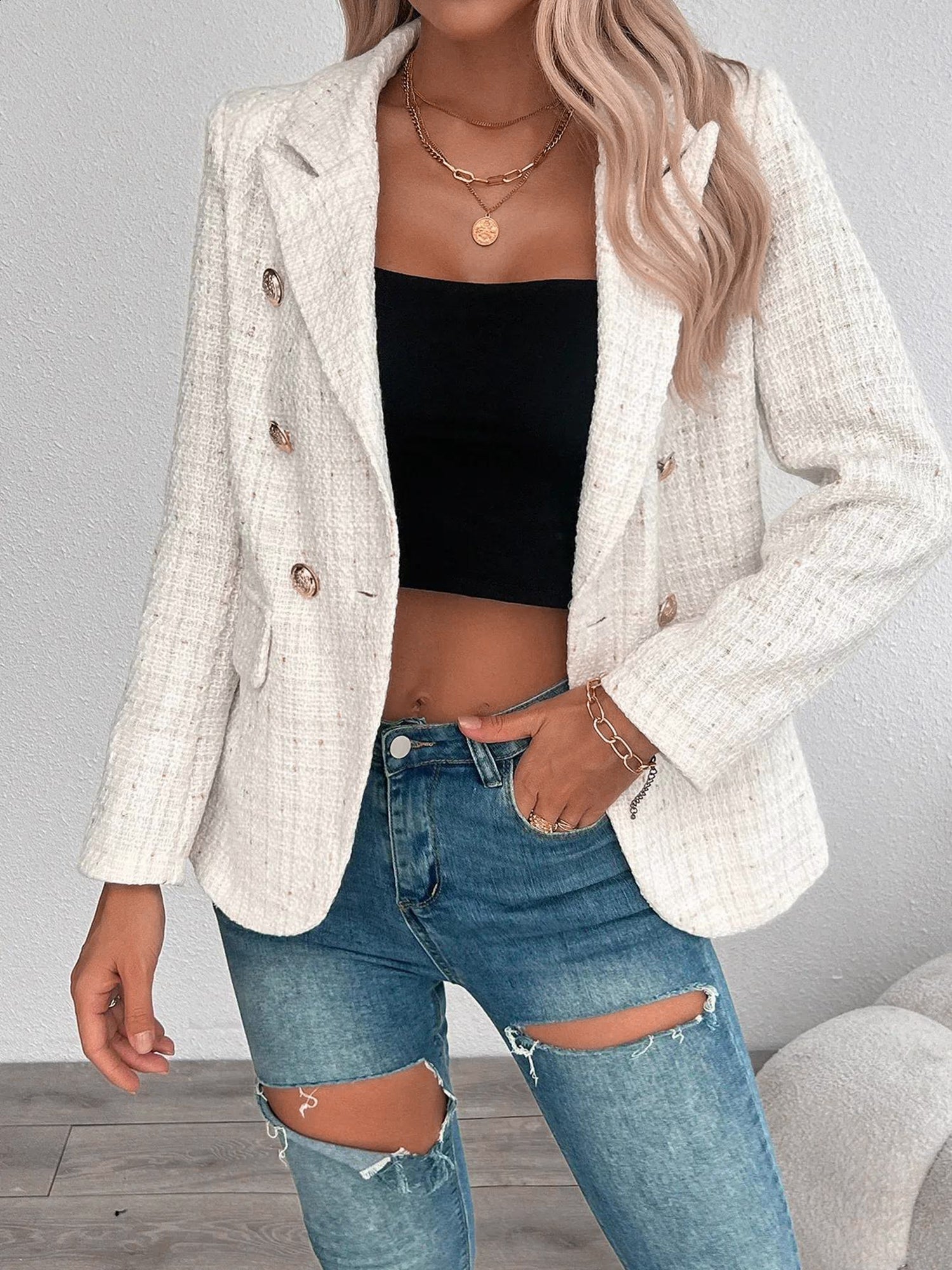 Tweed Notched Lapel Long Sleeves Plaid Blazer
