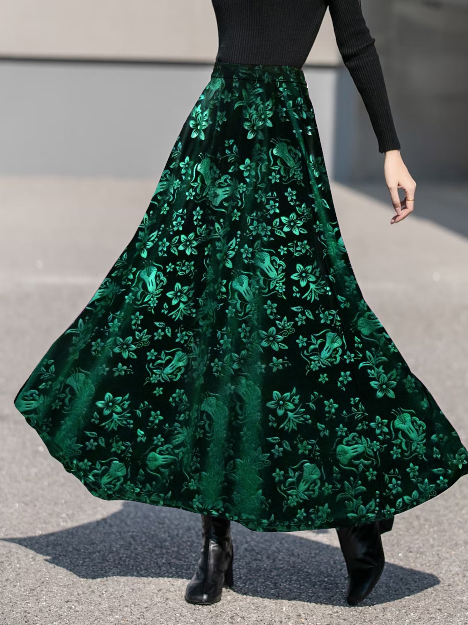 Velvet Floral Textured Elastic Waist Maxi A-Line Skirt
