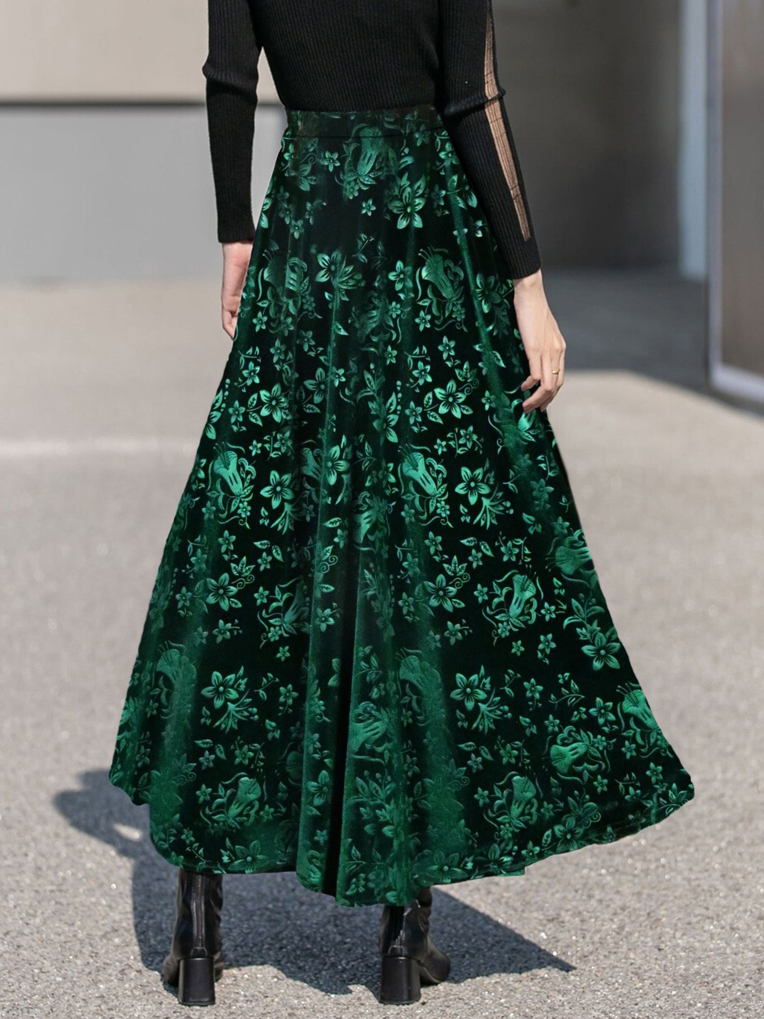 Velvet Floral Textured Elastic Waist Maxi A-Line Skirt
