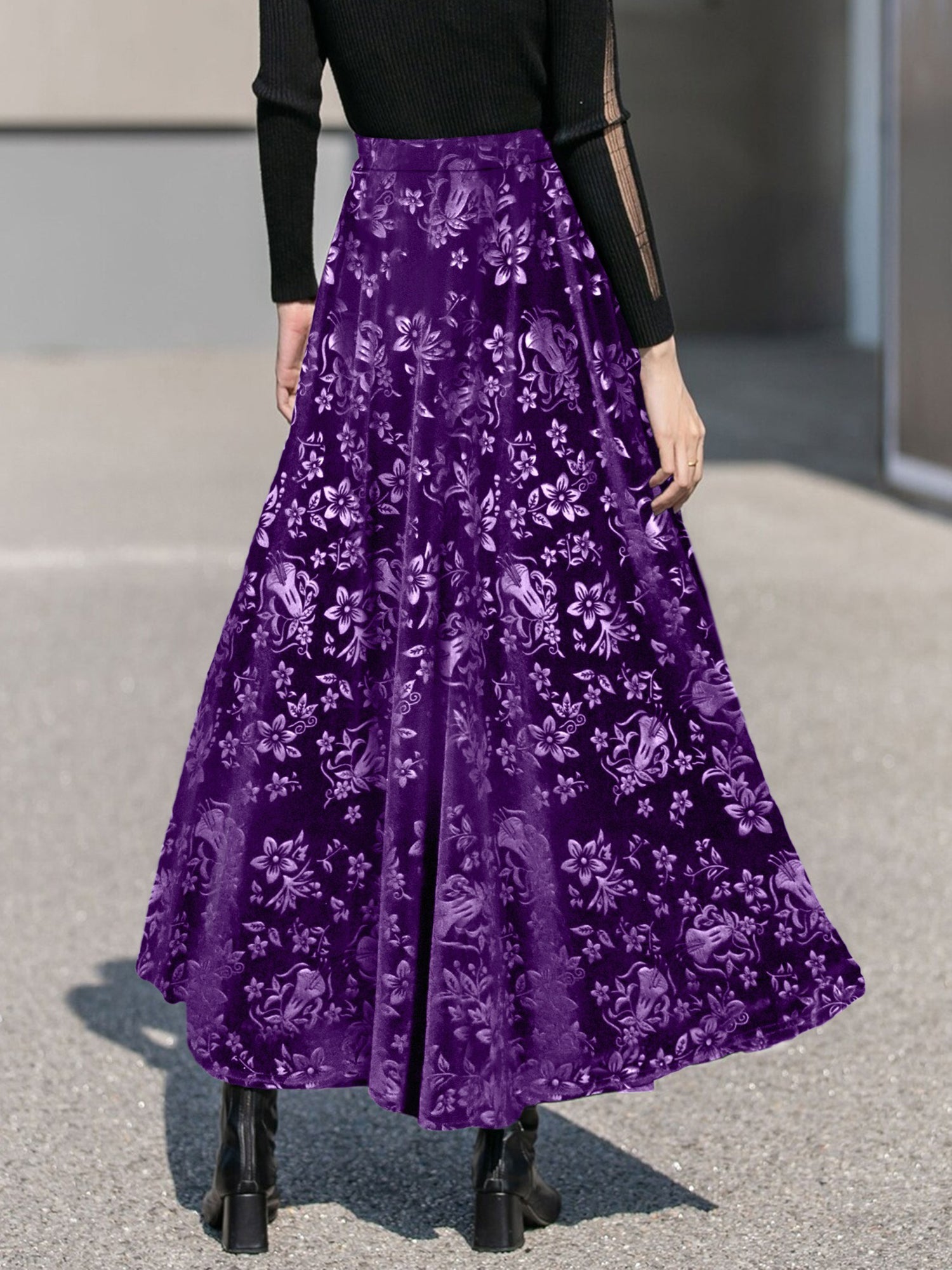 Velvet Floral Textured Elastic Waist Maxi A-Line Skirt