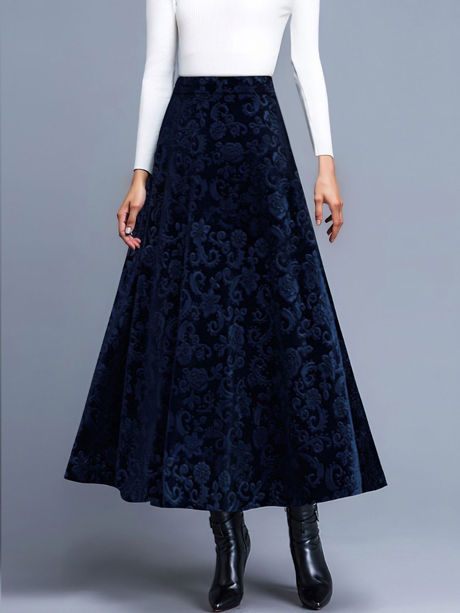Velvet Textured Maxi A-Line Elastic Waist Skirt