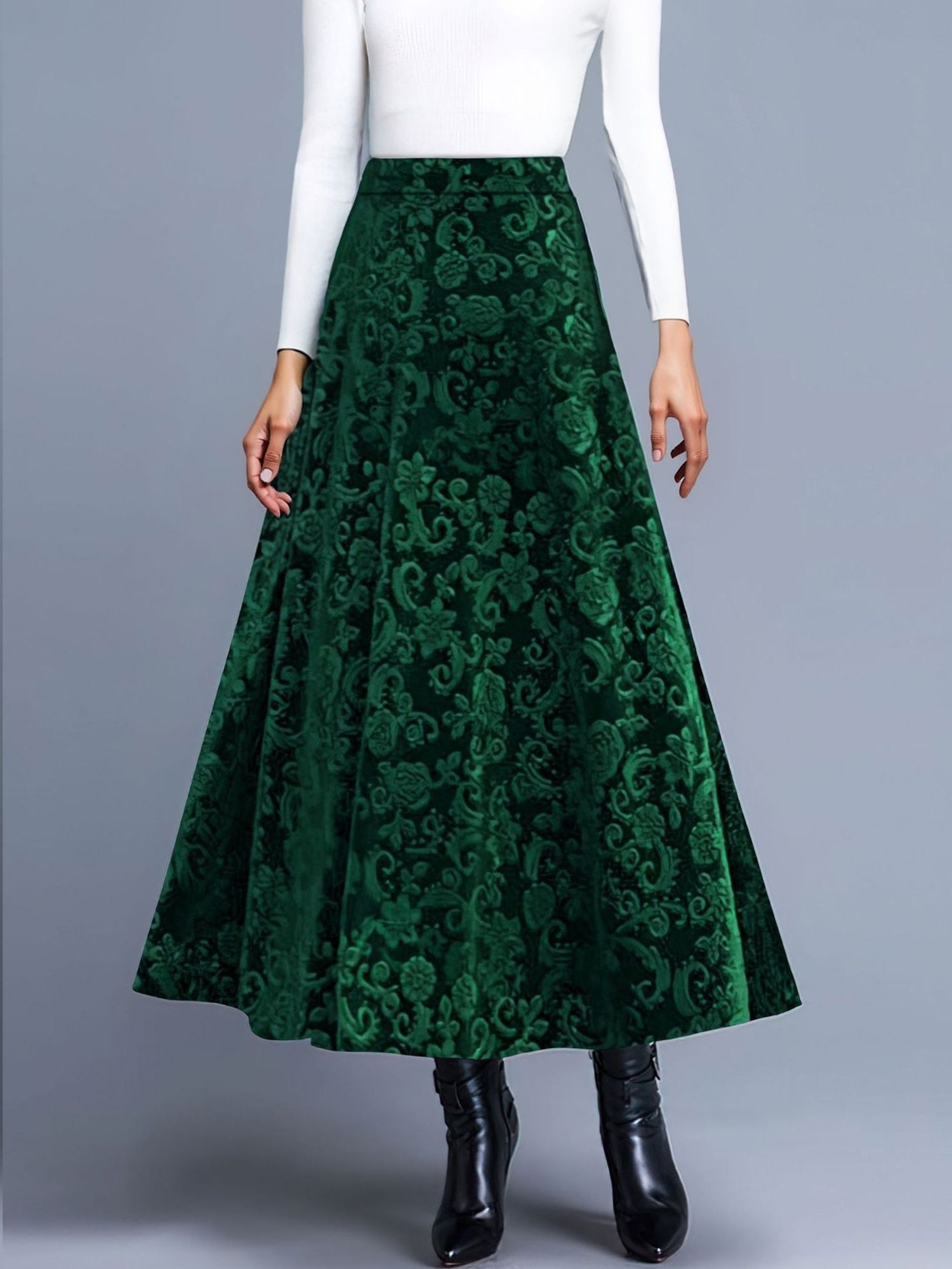 Velvet Textured Maxi A-Line Elastic Waist Skirt