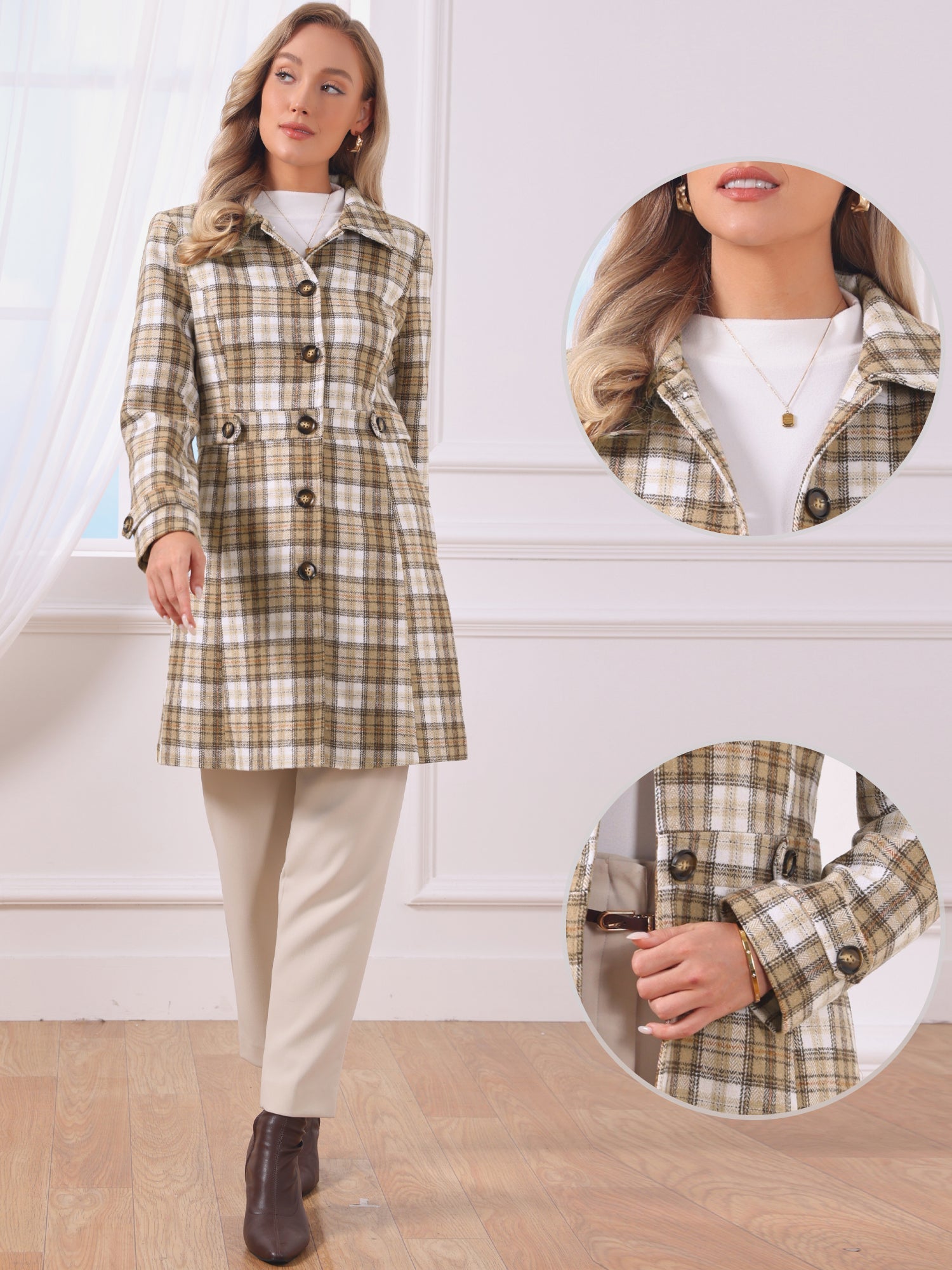 Single Breasted Plaid Long Sleeves Pocketed Pea Coat