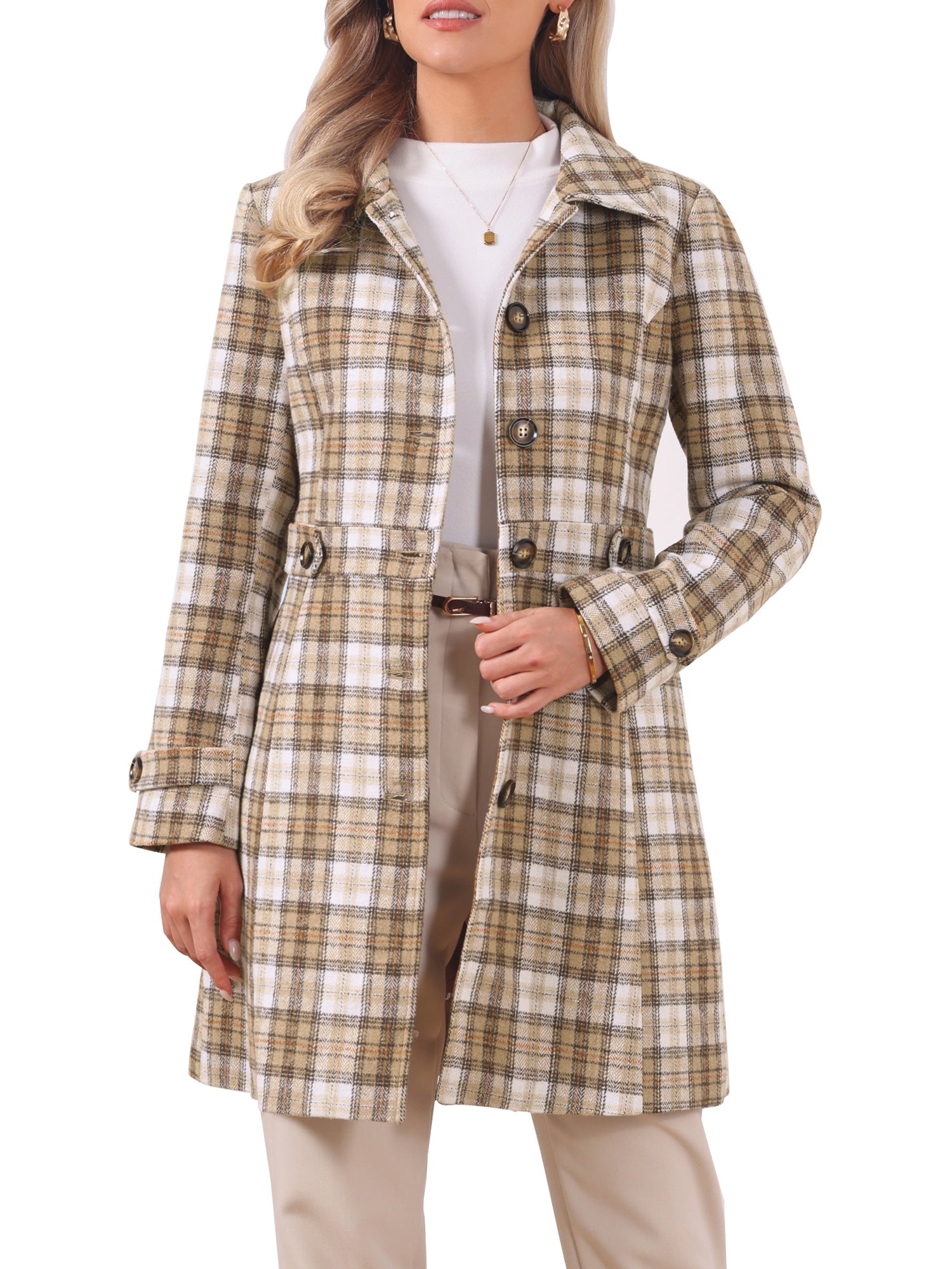 Single Breasted Plaid Long Sleeves Pocketed Pea Coat