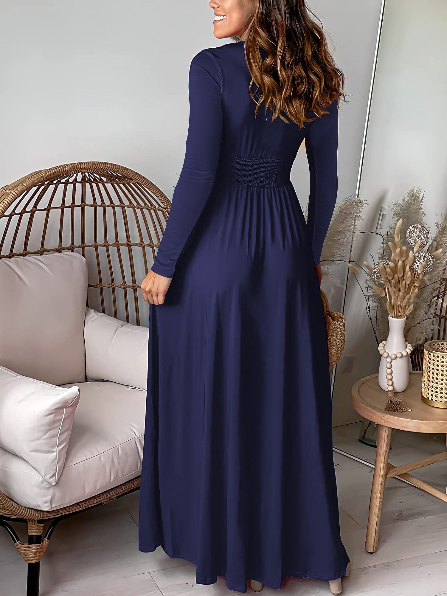 Deep V Neck Long Sleeve Ruched Slit Evening Dress