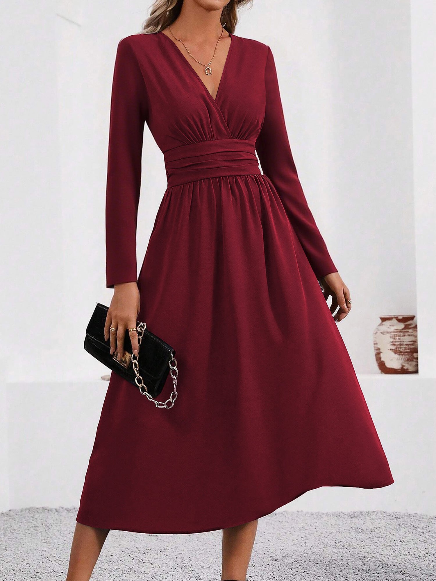 V Neck Long Sleeves Ruched Smocked Midi A-Line Dress