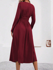 V Neck Long Sleeves Ruched Smocked Midi A-Line Dress