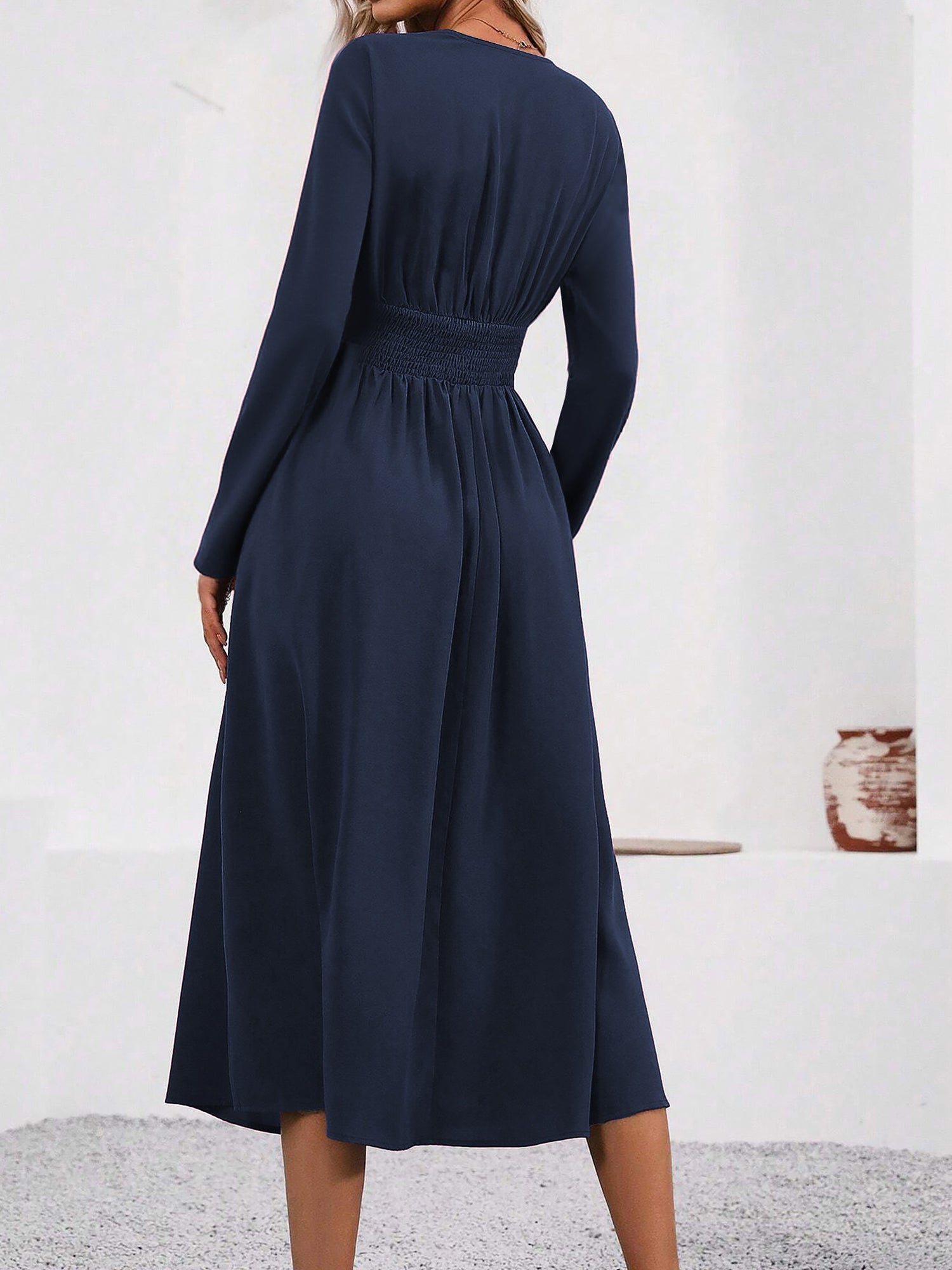 V Neck Long Sleeves Ruched Smocked Midi A-Line Dress