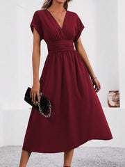 V Neck Short Sleeves Ruched Smocked A-Line Midi Dress