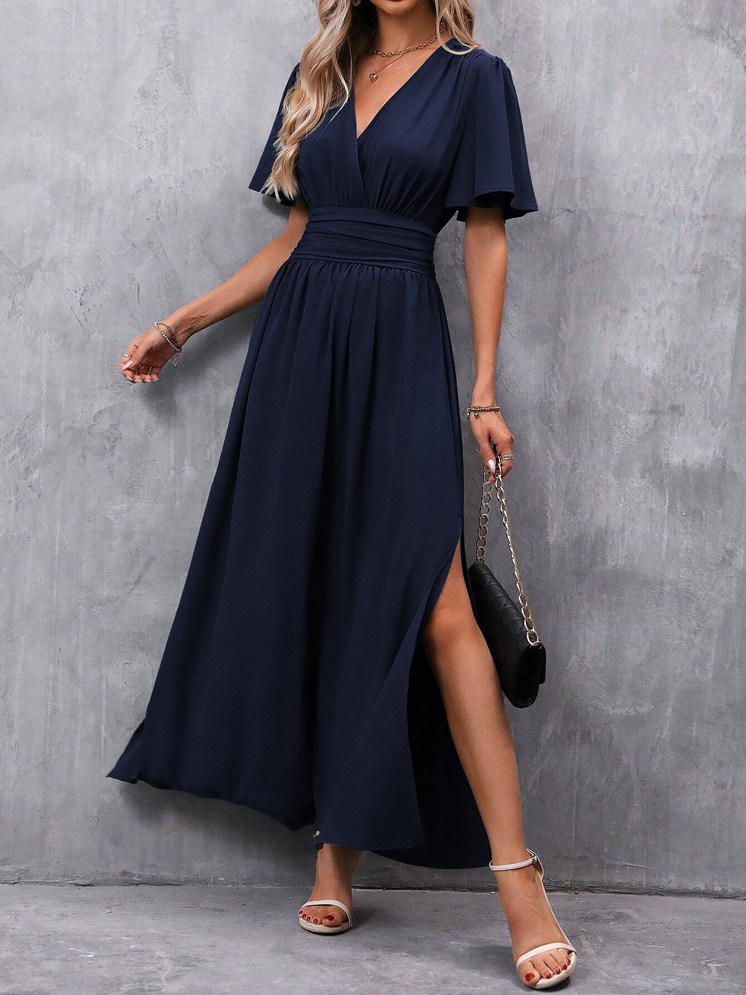 V Neck Flare Sleeves Smocked Slit Maxi Dress