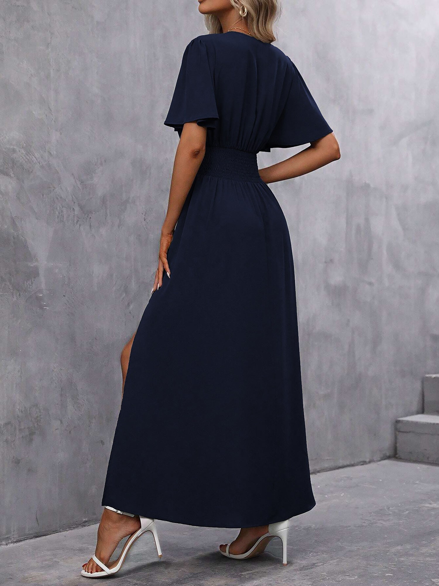 V Neck Flare Sleeves Smocked Slit Maxi Dress