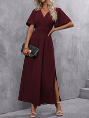 V Neck Flare Sleeves Smocked Slit Maxi Dress