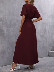 V Neck Flare Sleeves Smocked Slit Maxi Dress