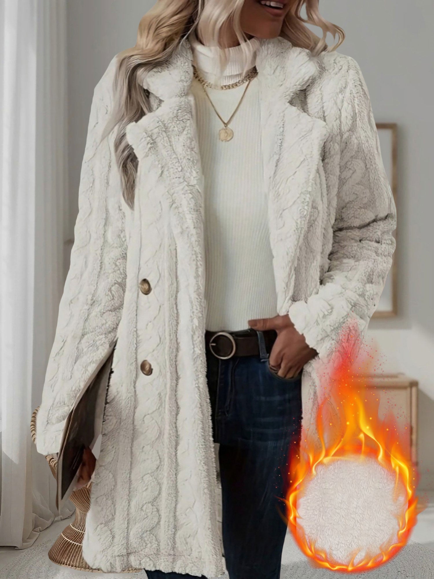 Notched Lapel Double-Breasted Mid-Length Faux Fur Jacket