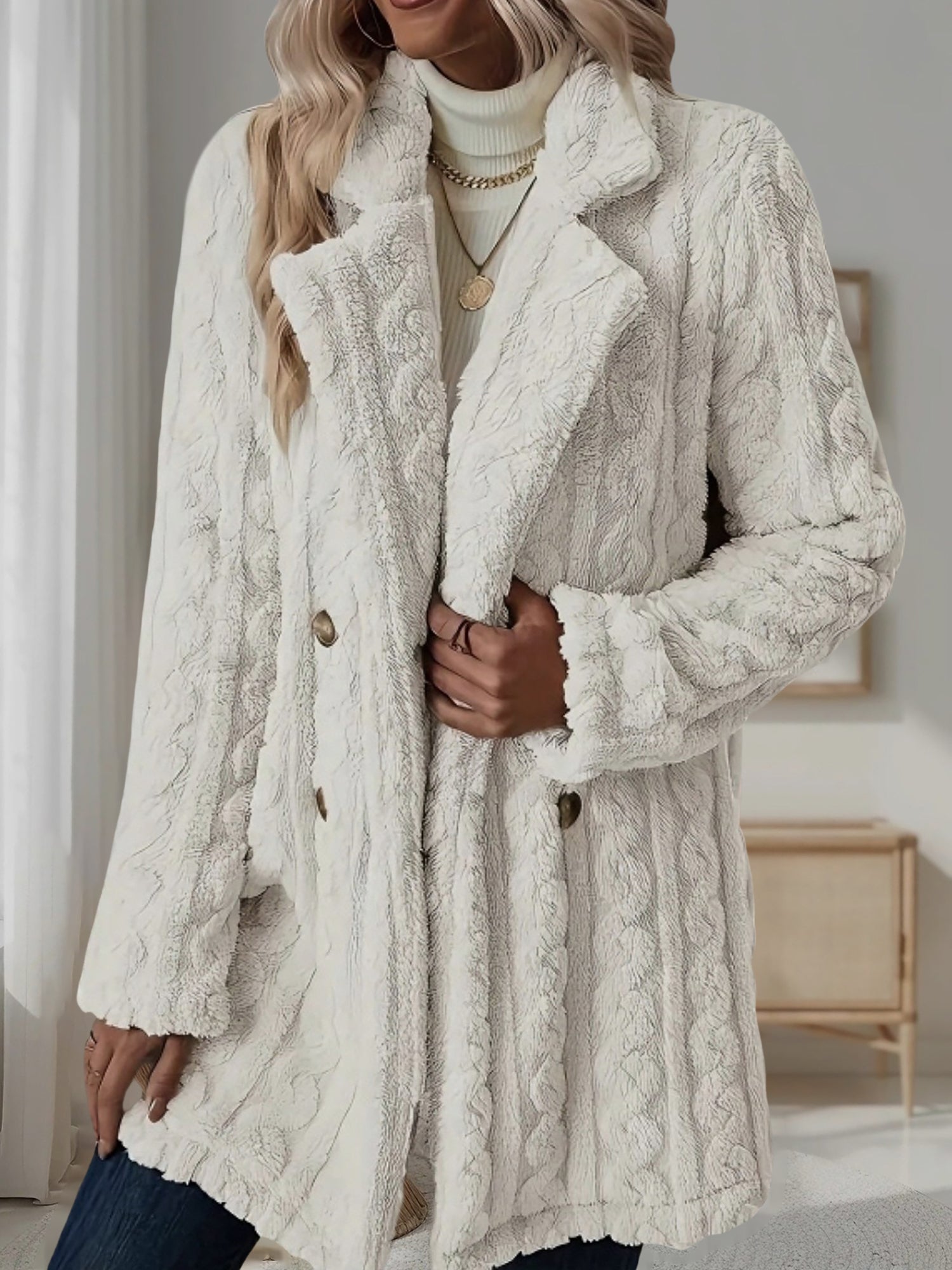 Notched Lapel Double-Breasted Mid-Length Faux Fur Jacket