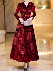 Velvet Floral Textured V Neck Long Sleeves Maxi Dress