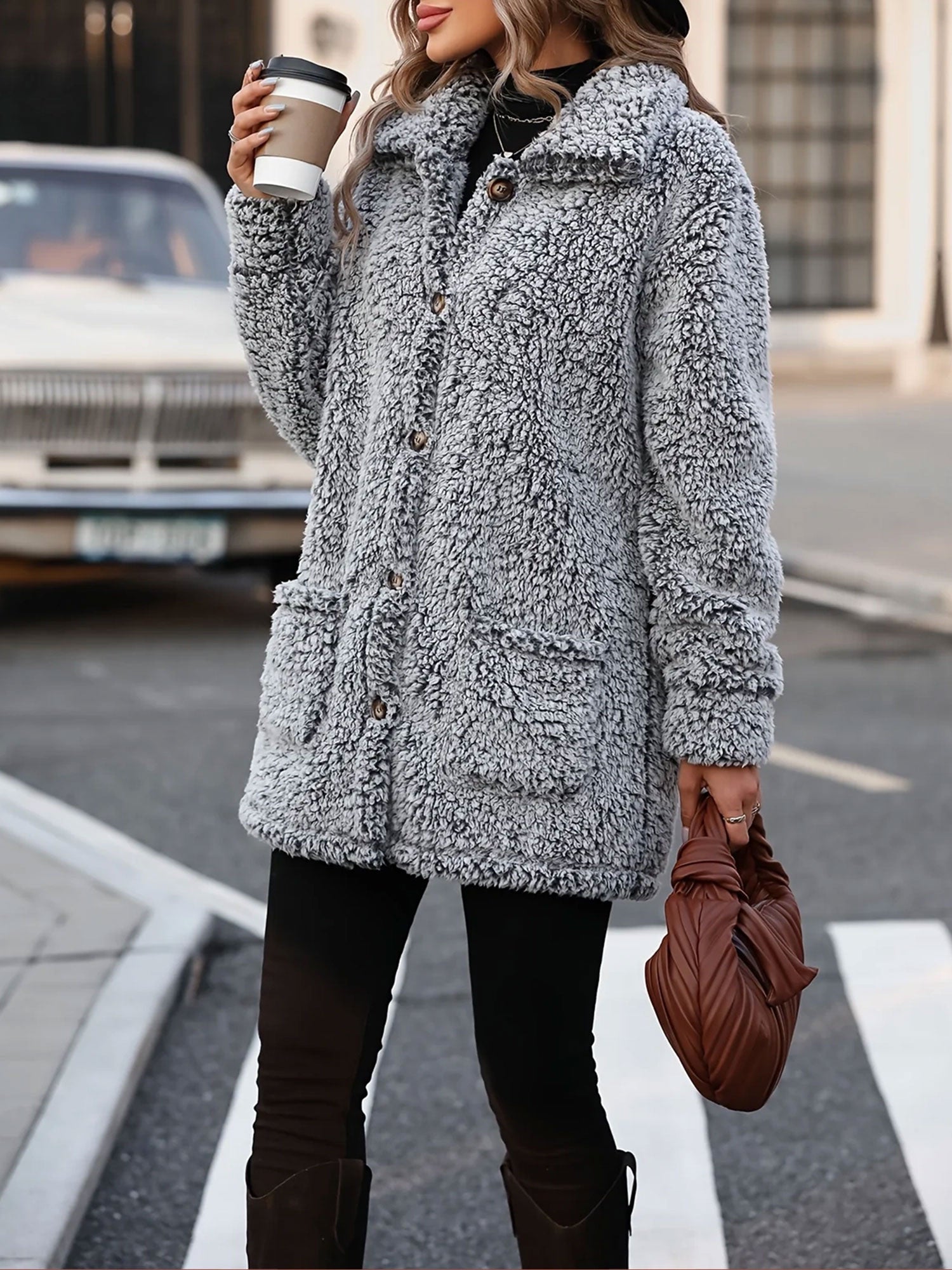 Loose Fit Collared Button Down Mid-Length Faux Fur Coat