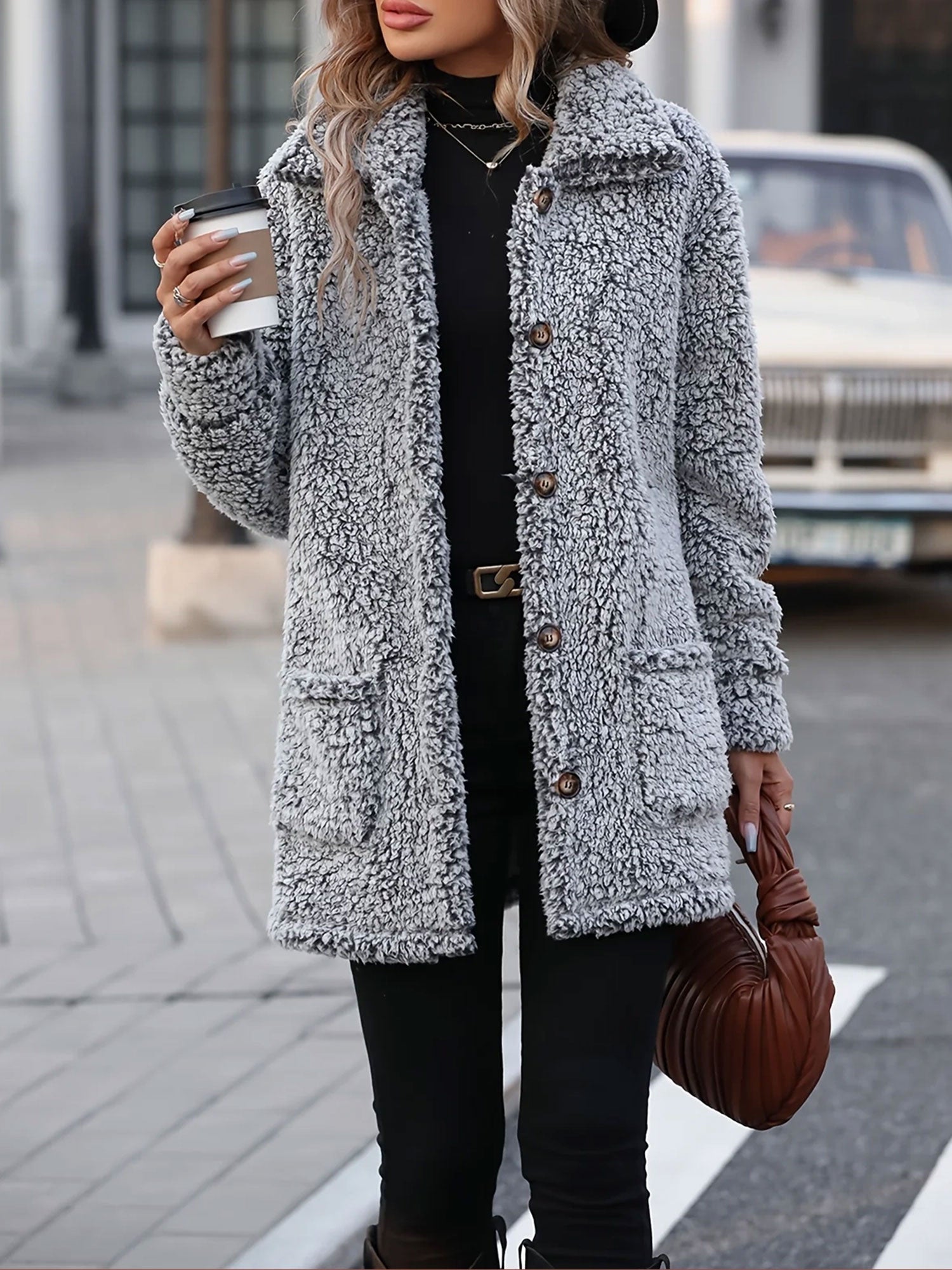 Loose Fit Collared Button Down Mid-Length Faux Fur Coat