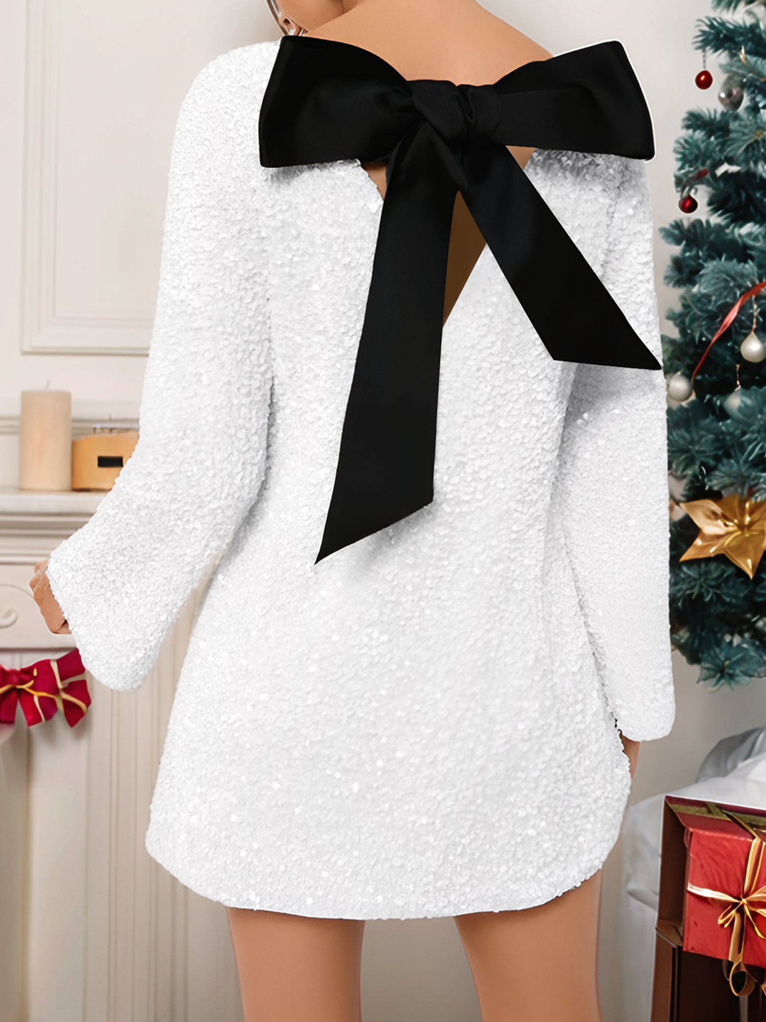 Sequined Back Bow Bell Sleeves Boat Neck Mini Dress