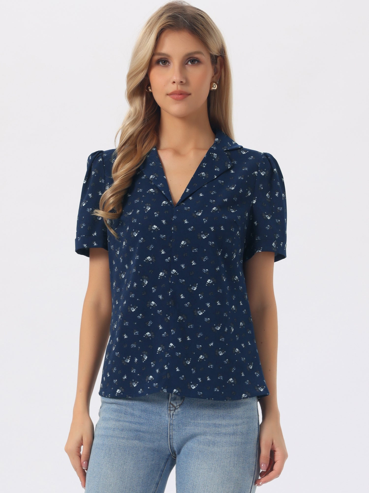 Short Sleeve Casual Cherry Print Notched Lapel Collar Shirt Blouse