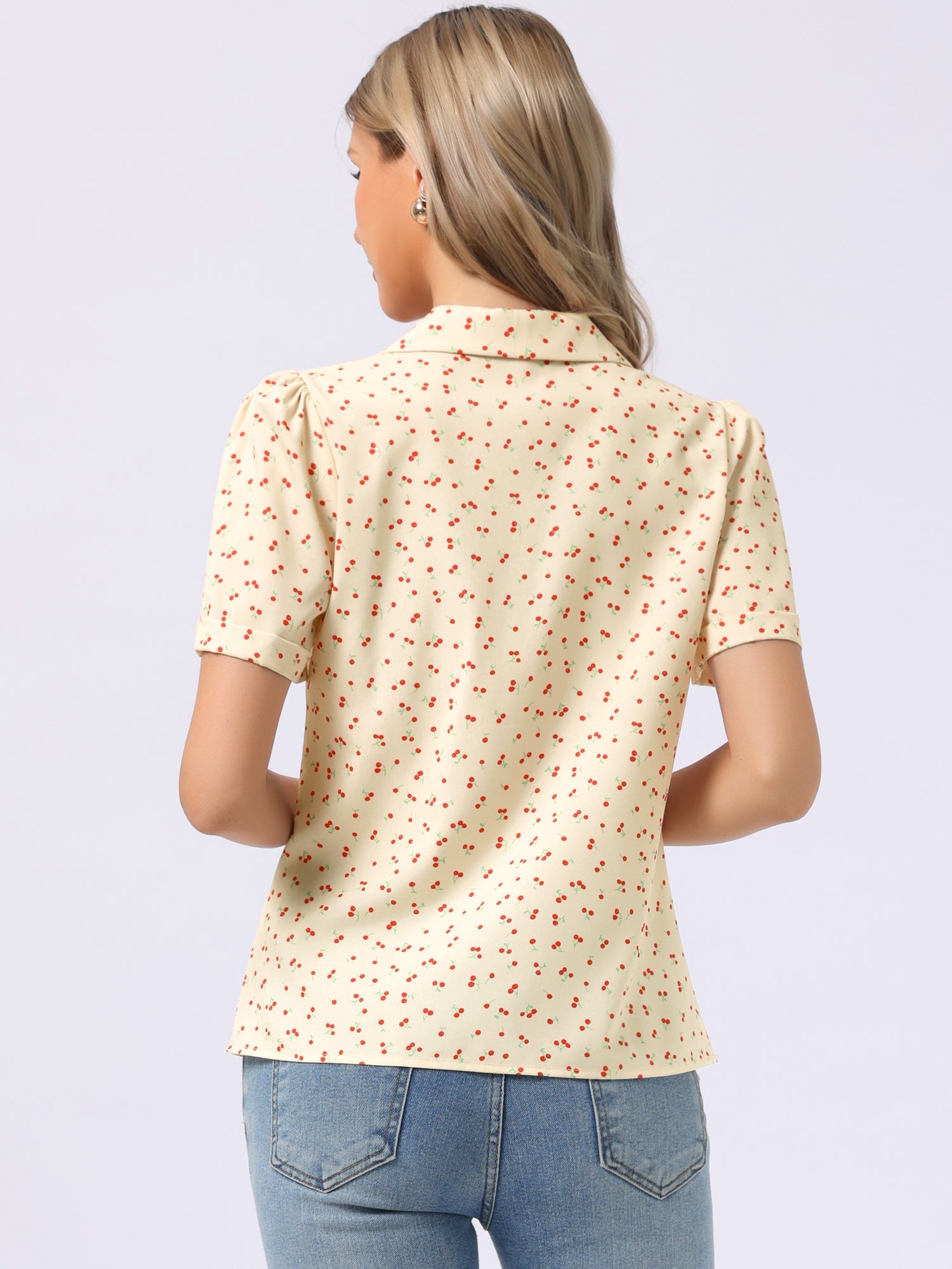 Short Sleeve Casual Cherry Print Notched Lapel Collar Shirt Blouse