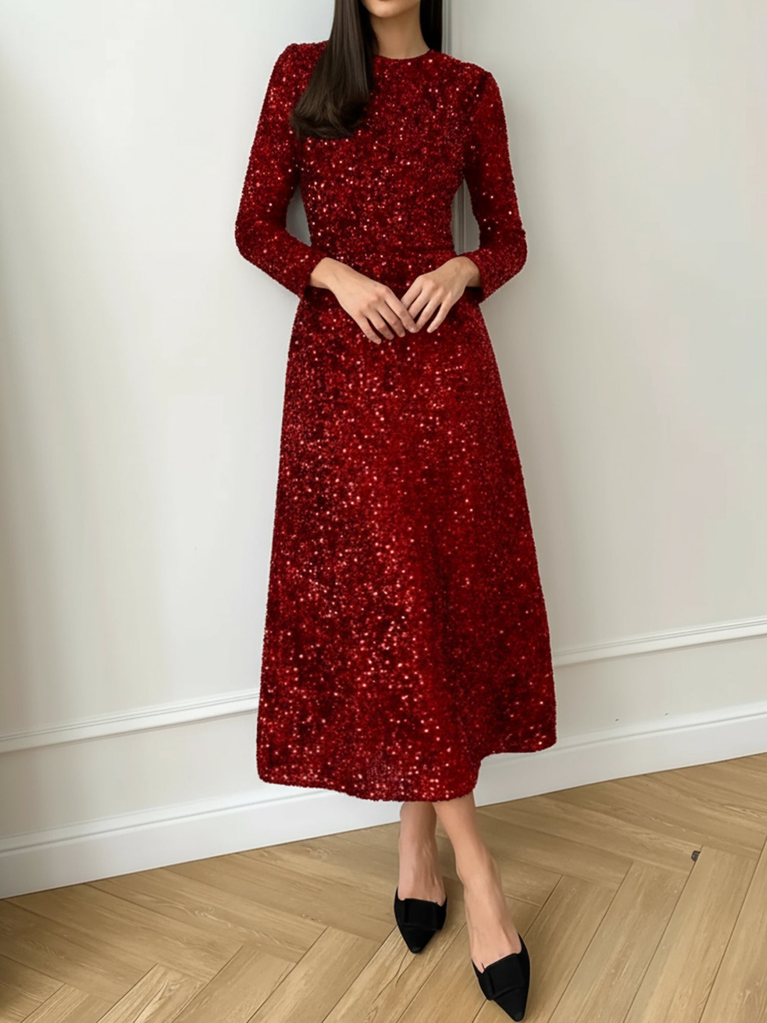 Velvet Sequin Crew Neck Long Sleeves A-Line Midi Dress