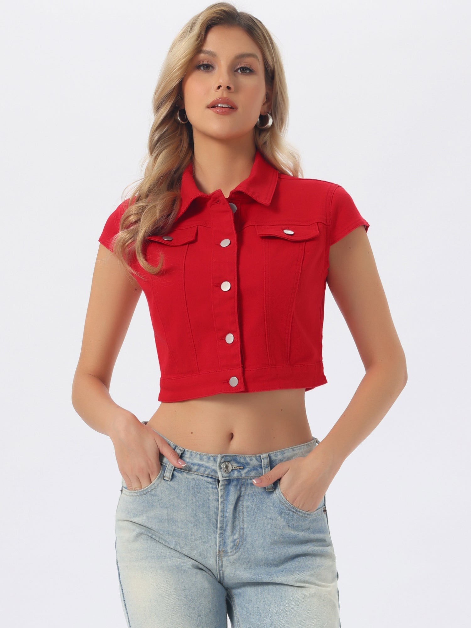 Summer Button Down Cap Short Sleeve Cropped Jean Denim Jacket
