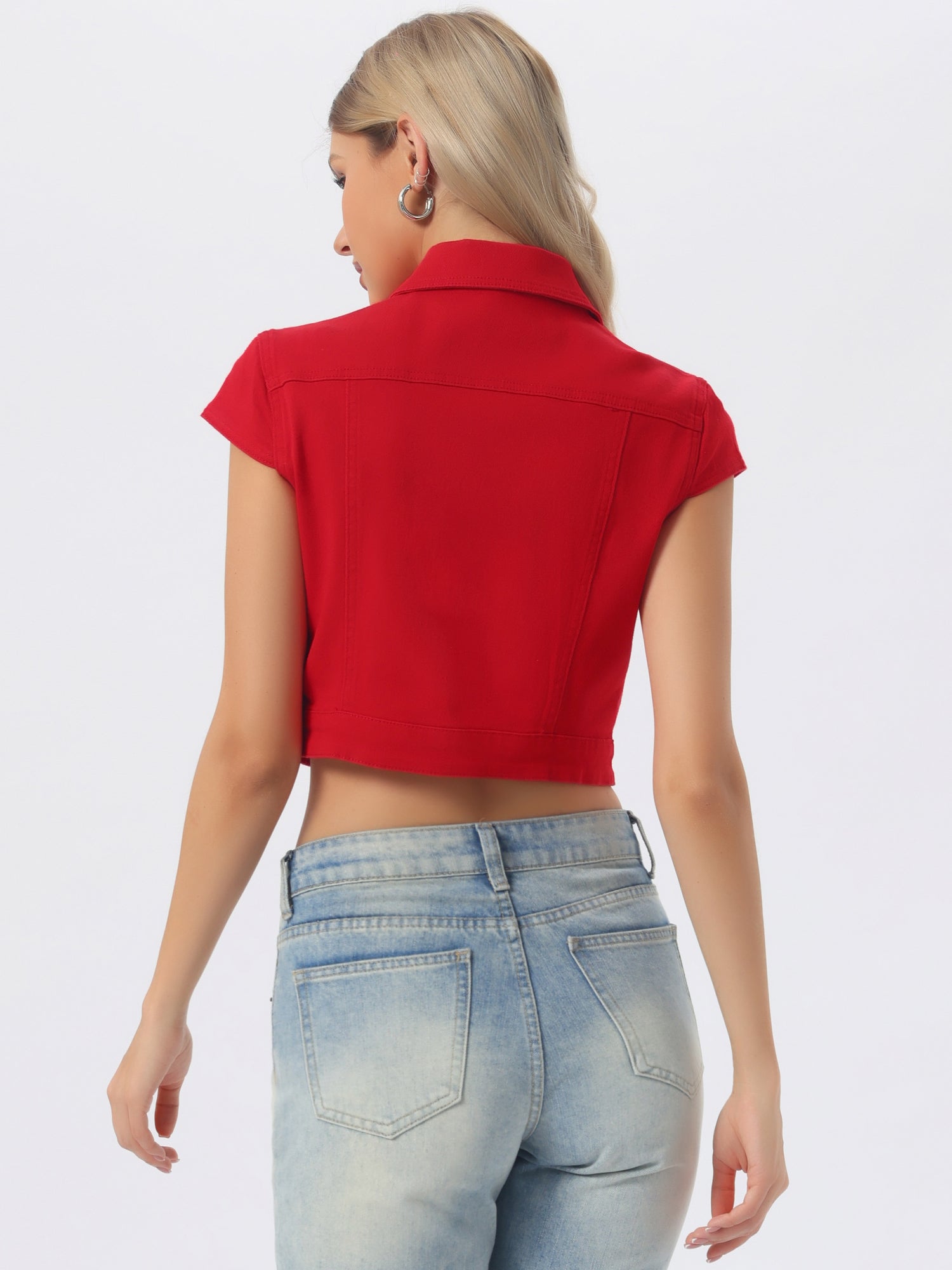 Summer Button Down Cap Short Sleeve Cropped Jean Denim Jacket