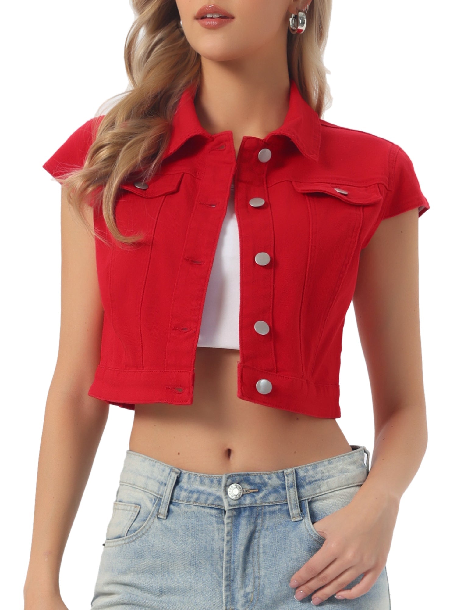 Summer Button Down Cap Short Sleeve Cropped Jean Denim Jacket