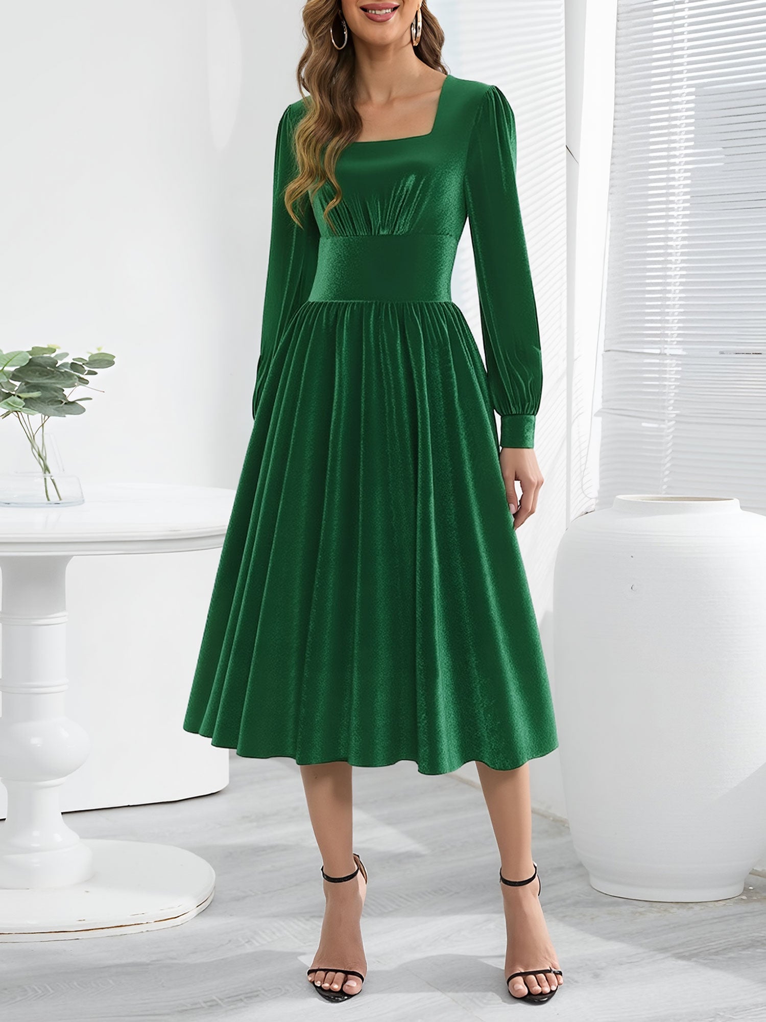 Square Neck Long Sleeve Velvet Christmas A-Line Dress