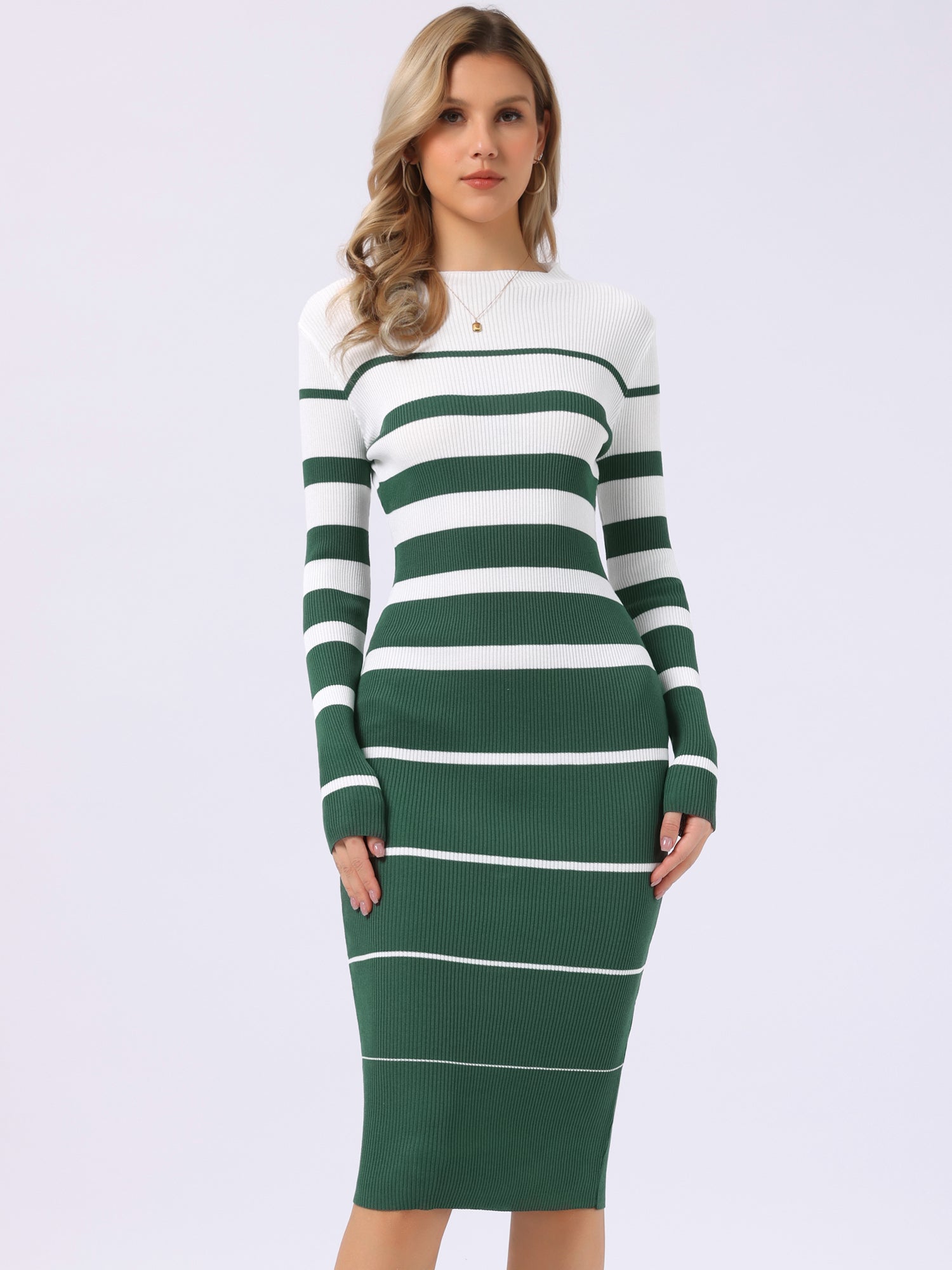 Striped Long Sleeve Crew Neck Bodycon Ribbed Knit Sweater Dress