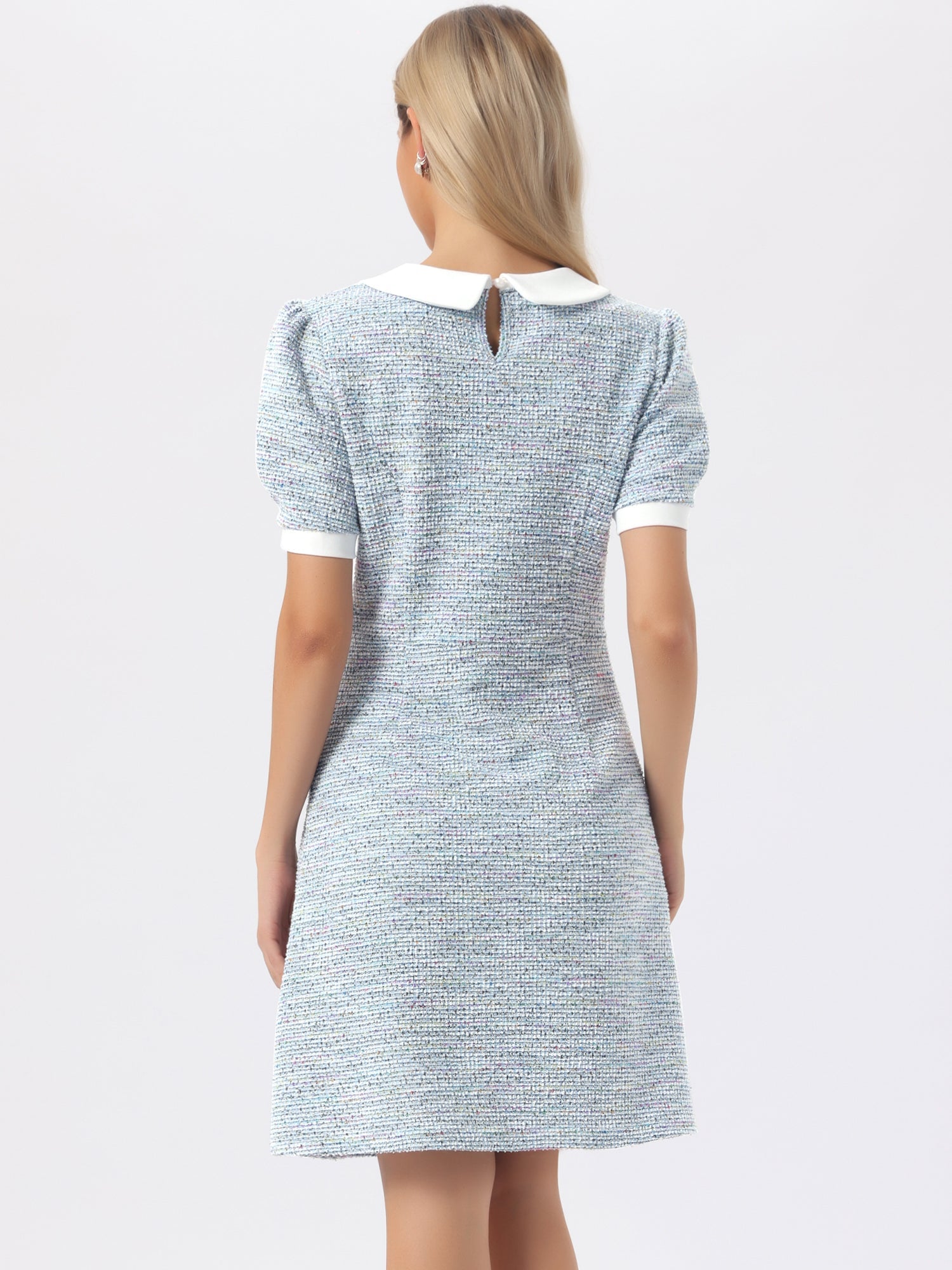 Tweed Peter Pan Collar Puff Short Sleeve A-line Midi Dress