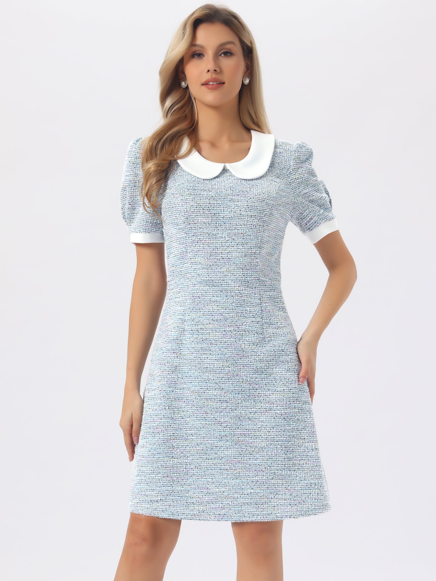 Tweed Peter Pan Collar Puff Short Sleeve A-line Midi Dress
