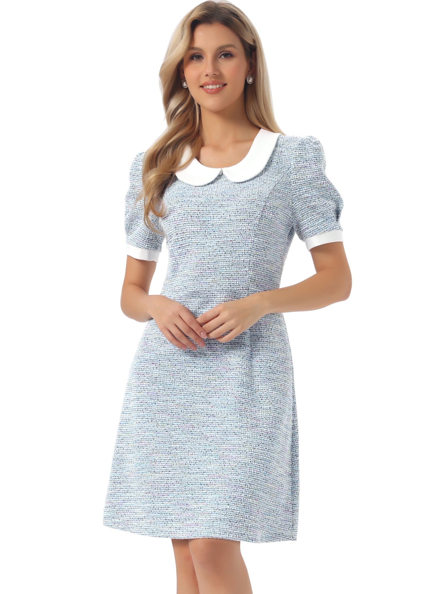 Tweed Peter Pan Collar Puff Short Sleeve A-line Midi Dress