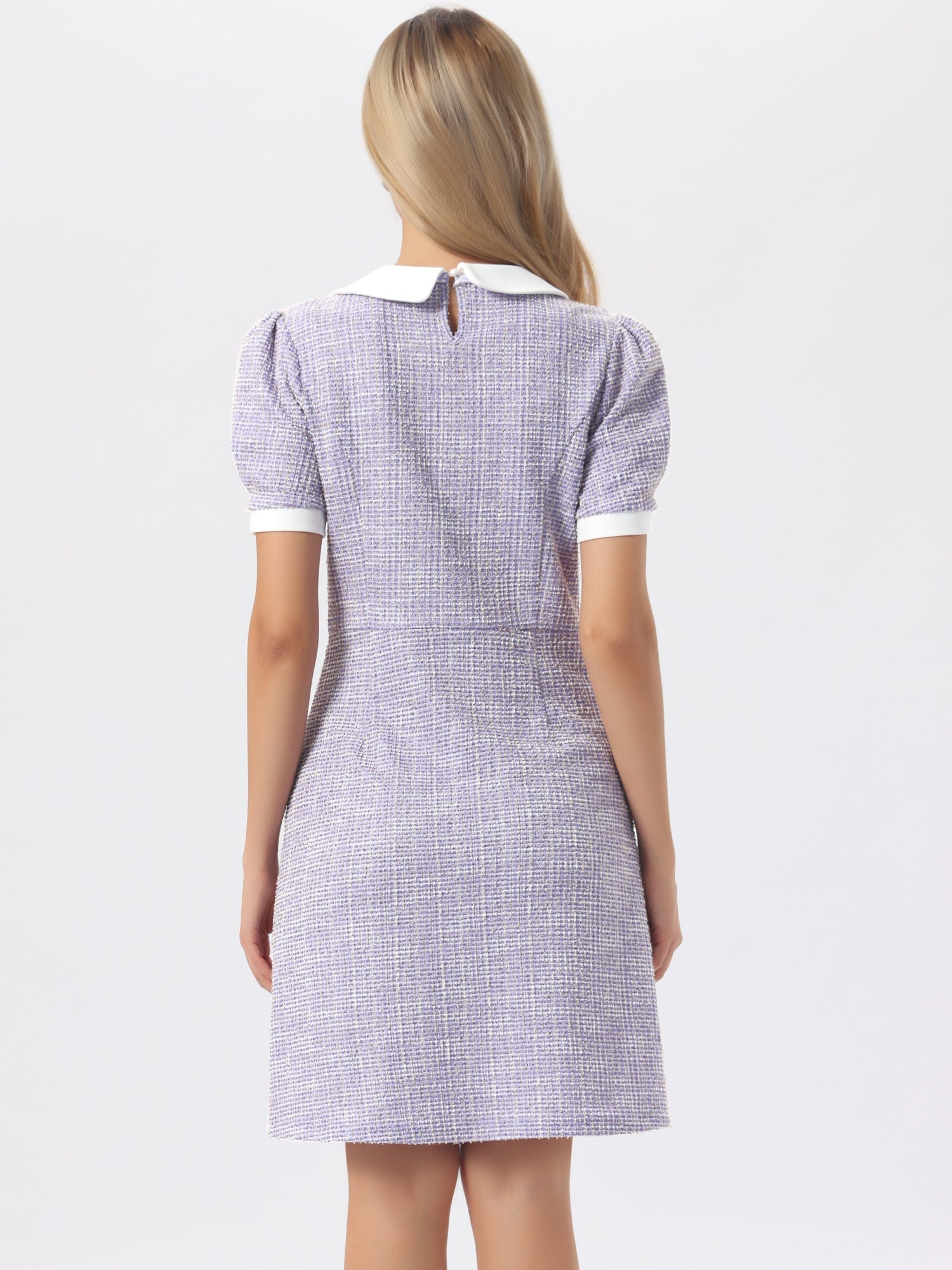 Tweed Peter Pan Collar Puff Short Sleeve A-line Midi Dress