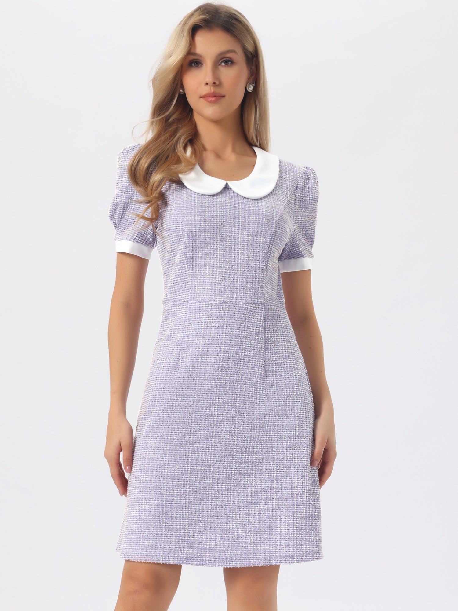 Tweed Peter Pan Collar Puff Short Sleeve A-line Midi Dress