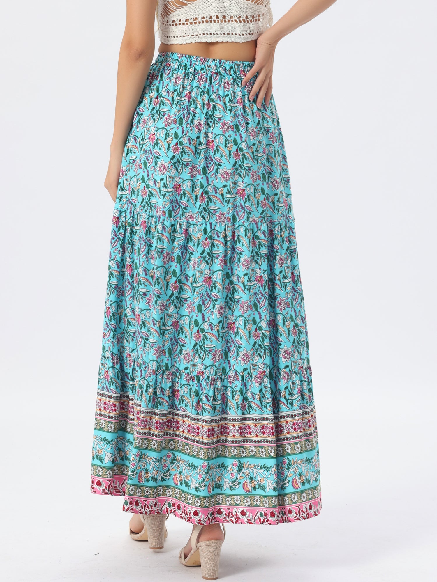 Boho Casual Bohemian Floral Printed Elastic Waist Maxi Skirt