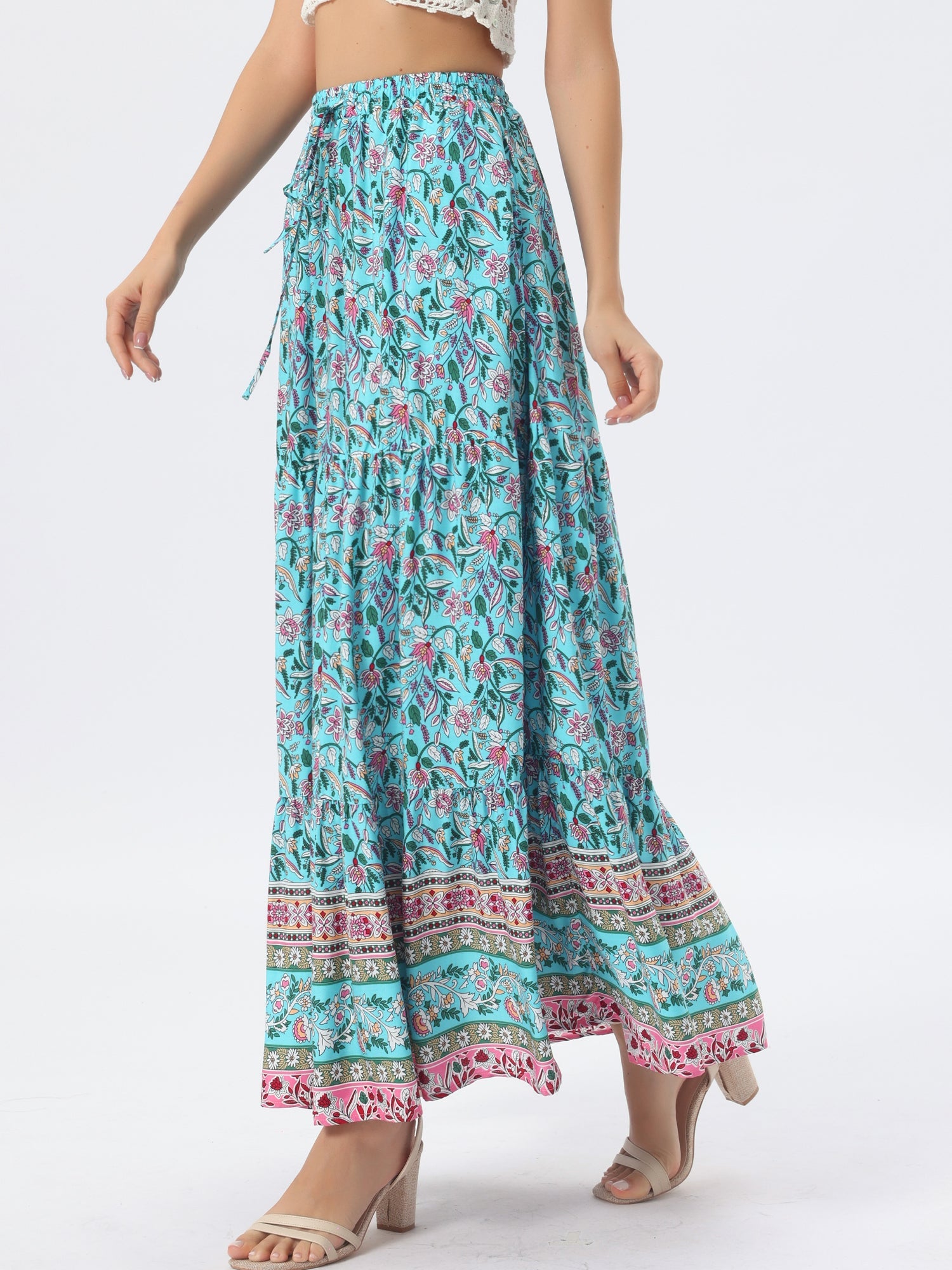 Boho Casual Bohemian Floral Printed Elastic Waist Maxi Skirt