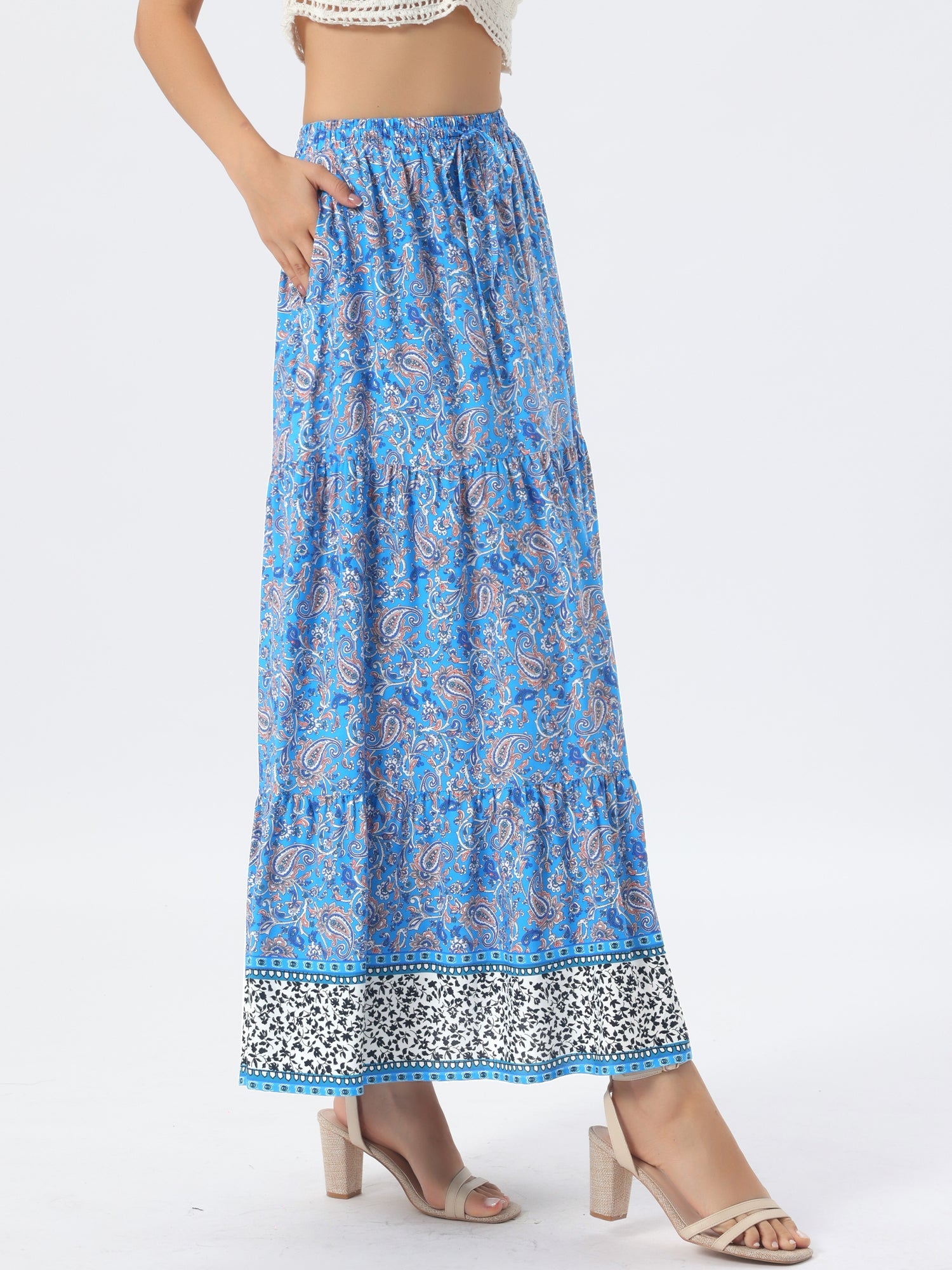 Boho Casual Bohemian Floral Printed Elastic Waist Maxi Skirt