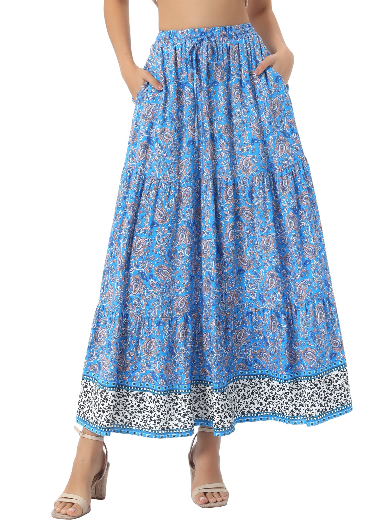 Boho Casual Bohemian Floral Printed Elastic Waist Maxi Skirt