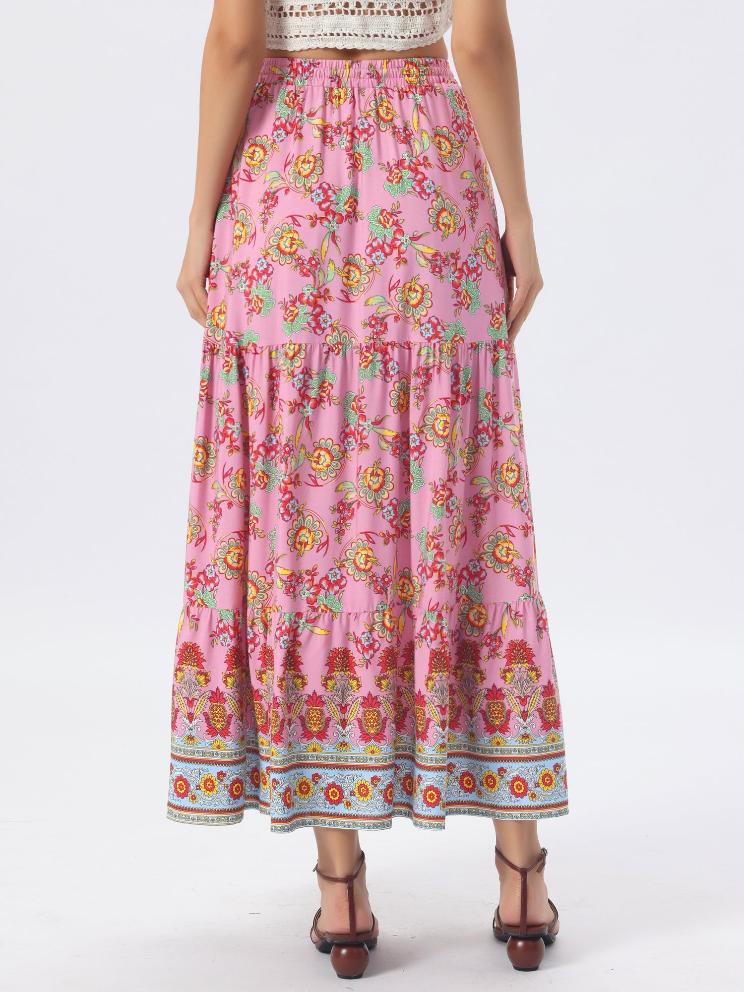 Boho Casual Bohemian Floral Printed Elastic Waist Maxi Skirt