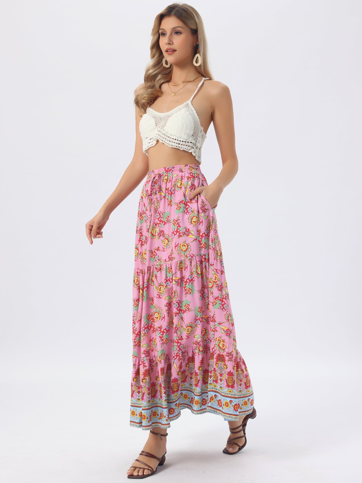 Boho Casual Bohemian Floral Printed Elastic Waist Maxi Skirt