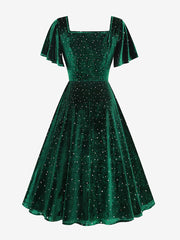 Vintage Velvet Flare Sleeves Square Neck Swing Dress